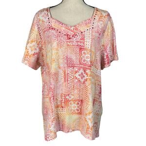 Alfred Dunner 1X-Large Top Geometric V-Neck Embellished Cap Sleeve Slits Stretch